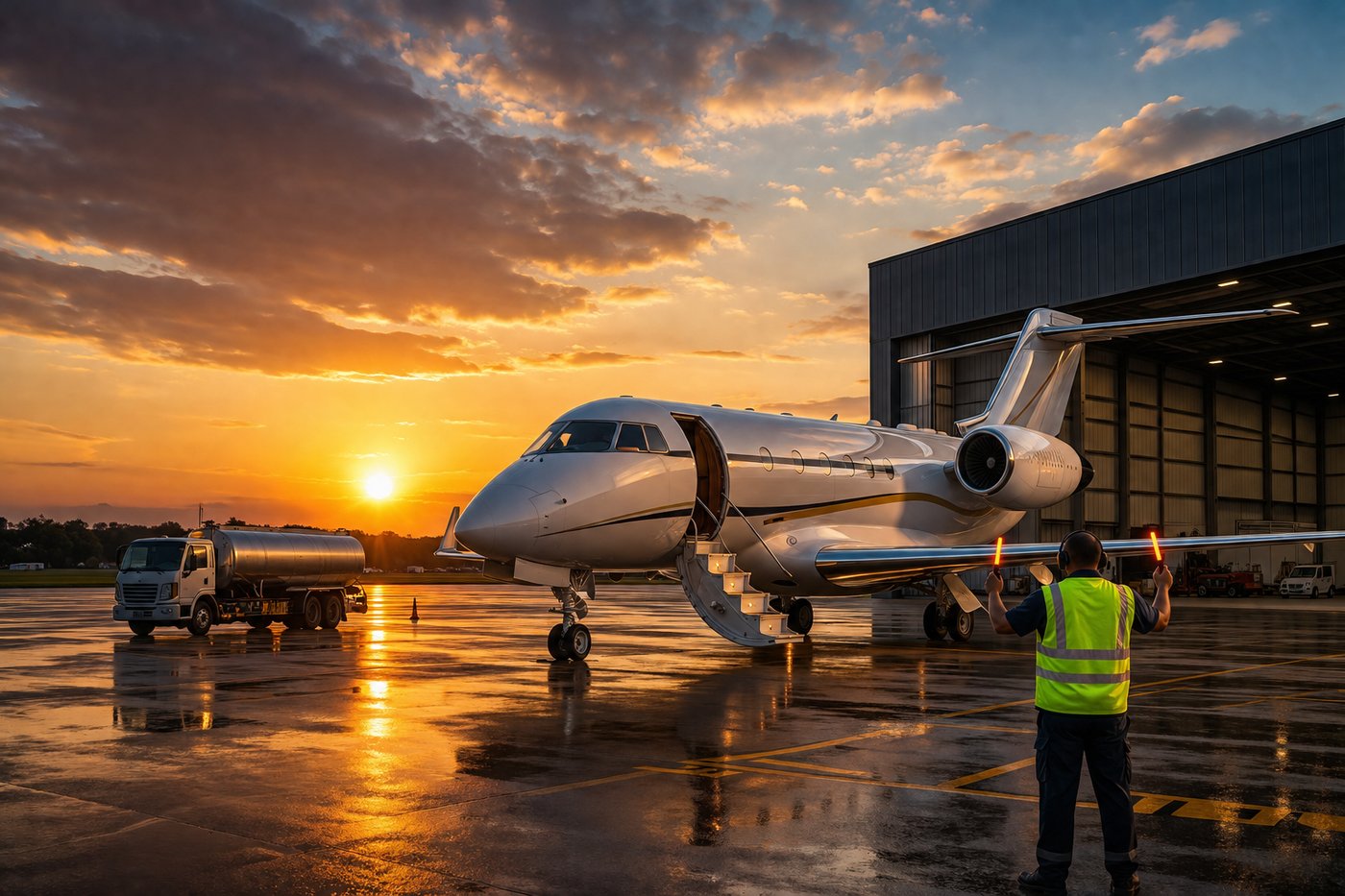 Private jet at sunset with ground crew