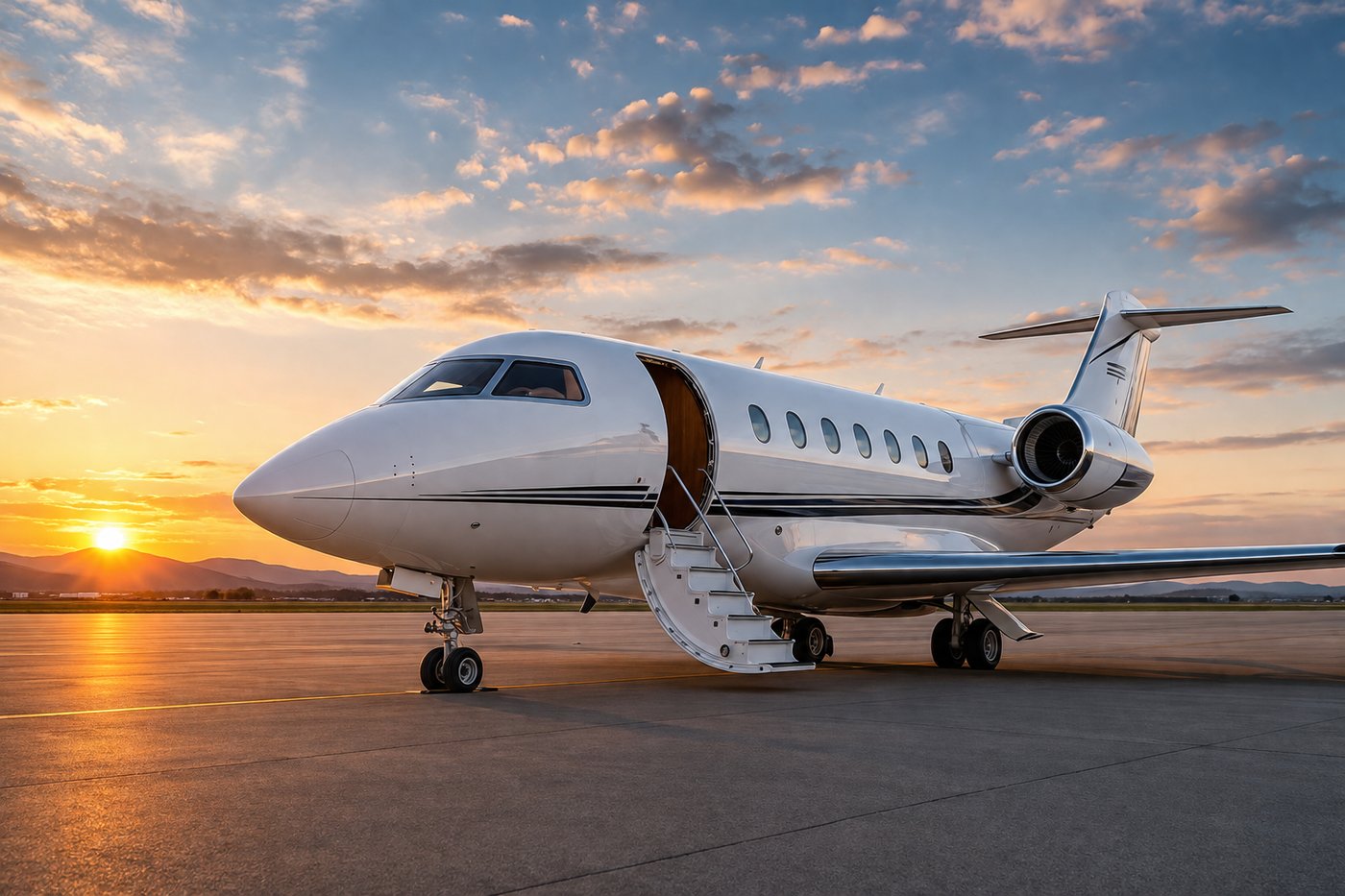 Private jet at sunset